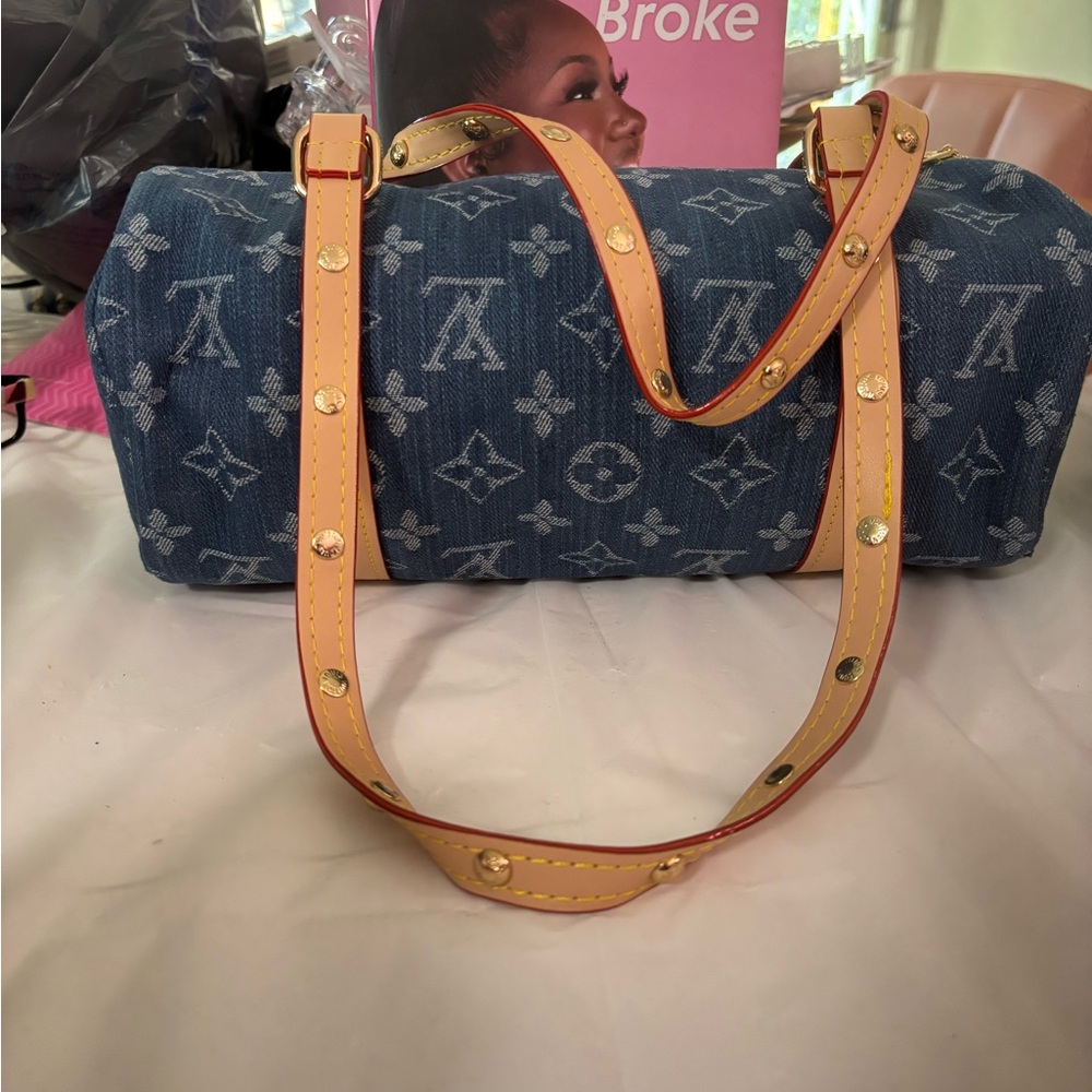 Denim Monogram Bag with Tan Straps